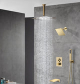 Brushed gold Ceiling mount rainfall shower heads wall mount regular shower head 4 way Thermostatic Shower valve system that each function run all together and separately