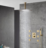 Brushed Gold 12'' or 16'' Ceiling-Mounted 3-Way Shower System with Body Jets