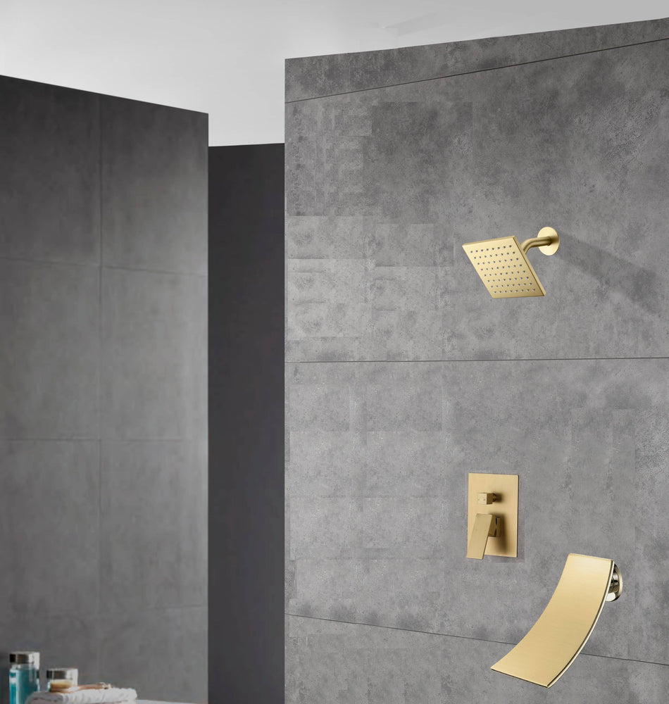 6 Inch Regular shower head wall Mount Brushed Gold two functions Shower System with pressure balance rough in valve and trim and waterfall tub spout