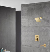 6 Inch Regular shower head wall Mount Brushed Gold two functions Shower System with pressure balance rough in valve and trim and waterfall tub spout