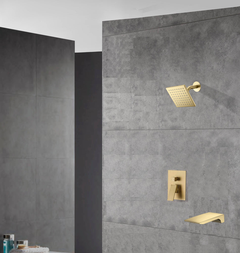 6 Inch Regular shower head wall Mount Brushed Gold two functions Shower System with pressure balance rough in valve and trim and waterfall tub spout