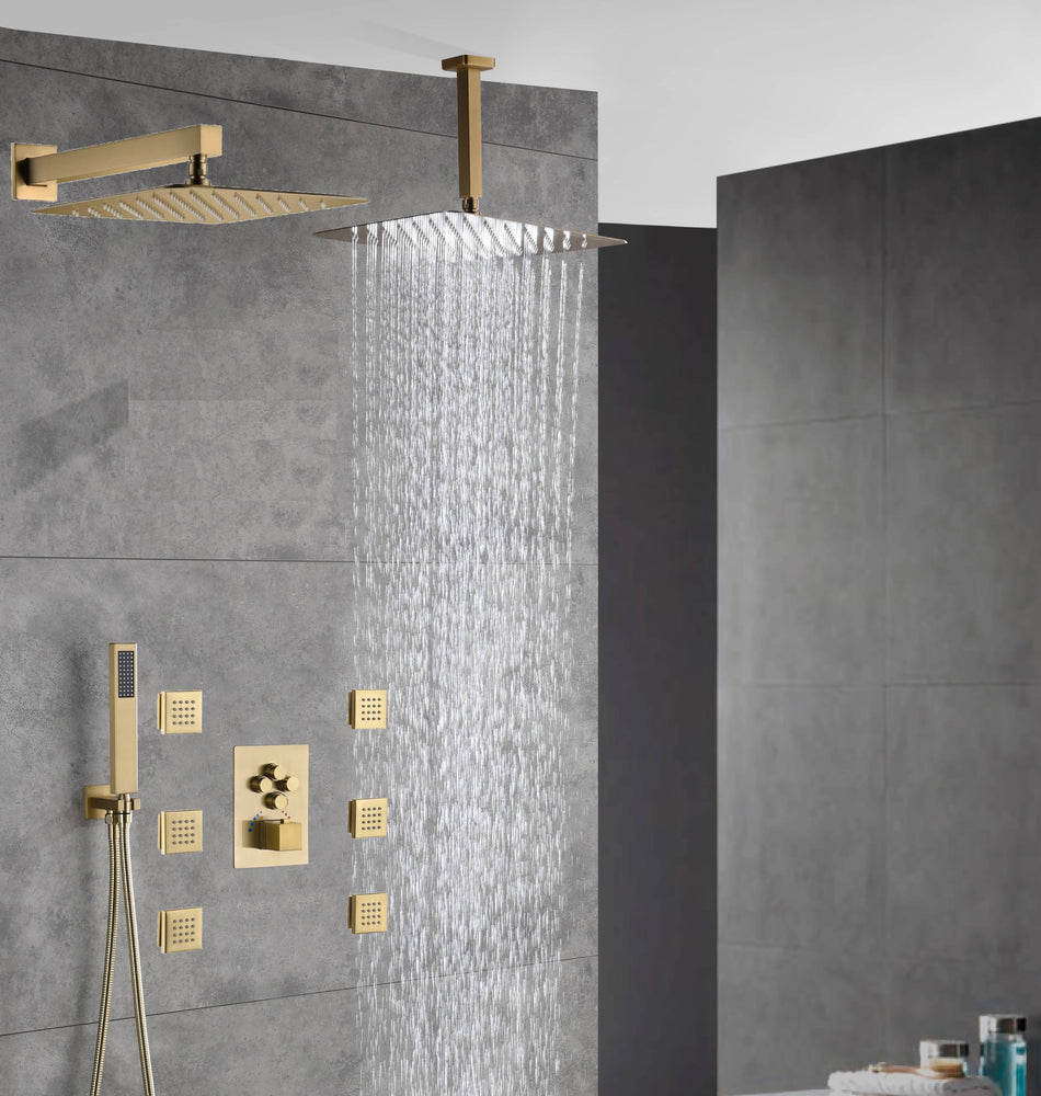 Dual-Head Brushed Gold Ceiling Mount 4 Way Thermostatic Shower System with 6 body jets