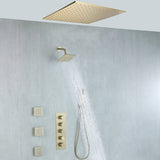 20 inch ceiling mount Brushed gold 4 way  thermostatic shower faucet with high pressure 6 '' head and 4 inch body jets and handle sprayer
