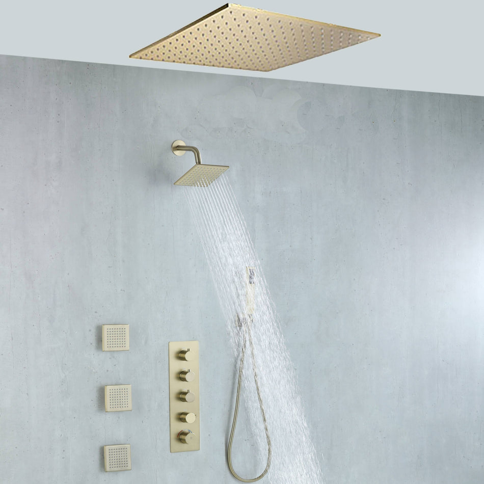 20 inch ceiling mount Brushed gold 4 way  thermostatic shower faucet with high pressure 6 '' head and 4 inch body jets and handle sprayer