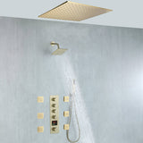 20 inch ceiling mount Brushed gold 4 way digital display thermostatic shower faucet with high pressure 6 '' head and 4 inch body jets and handle sprayer