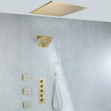 20 inch ceiling mount Brushed gold 4 way  thermostatic shower faucet with high pressure 6 '' head and 4 inch body jets and handle sprayer