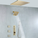 20 inch ceiling mount Brushed gold 4 way digital display thermostatic shower faucet with high pressure 6 '' head and 4 inch body jets and handle sprayer