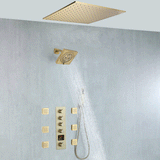20 inch ceiling mount Brushed gold 4 way digital display thermostatic shower faucet with high pressure 6 '' head and 4 inch body jets and handle sprayer