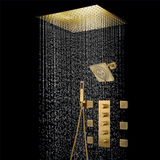 20 inch ceiling mount Brushed gold 4 way  thermostatic shower faucet with high pressure 6 '' head and 4 inch body jets and handle sprayer