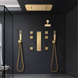 Brushed Gold Music LED Shower System: Flush-In 23'' x 15'' or 20'' x 20'' Shower Head with 6-Way Digital Display Thermostatic Control, Regular Head & Body Sprayers