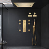 Brushed Gold LED Shower System: 23" x 15" or 20" x 20" Flush Mount with 6-Way Control