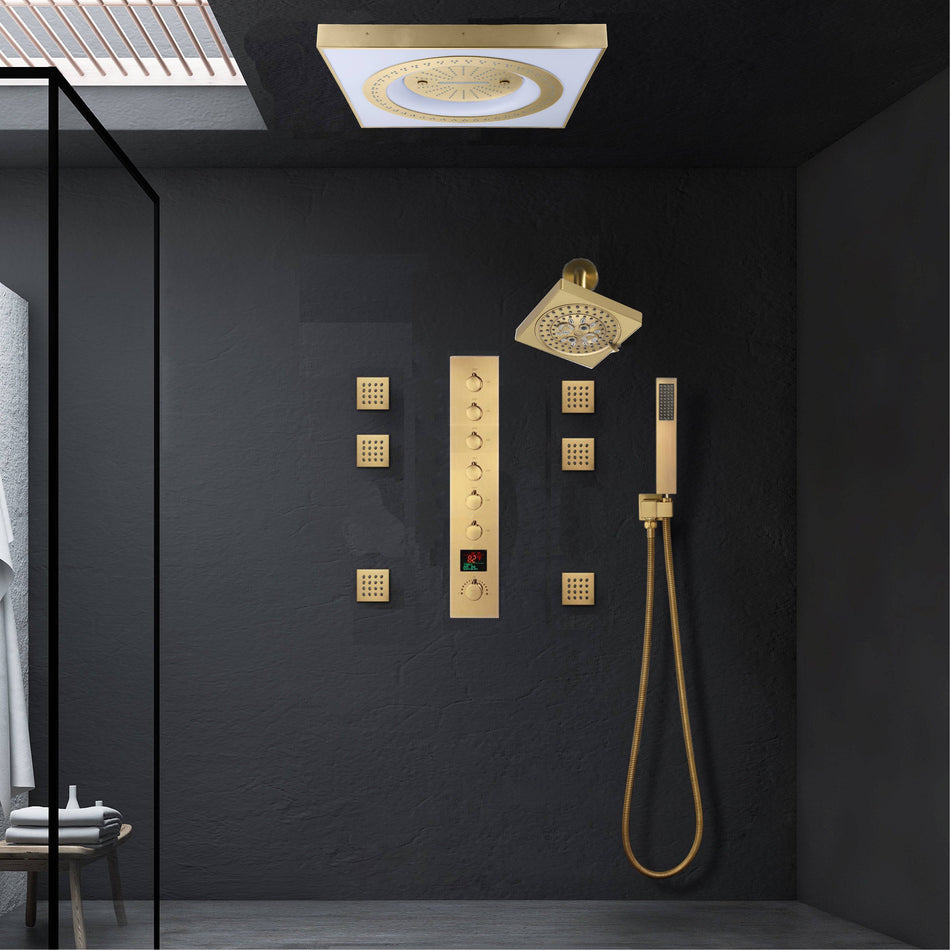 24" Flush LED Mount Rainfall Waterfall 6-Way Digital Shower System With Regular Head and 6 Body Jets