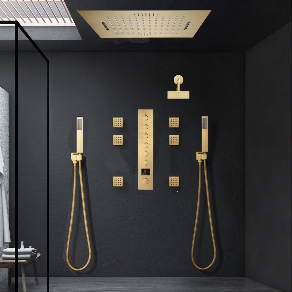 Brushed Gold Music LED Shower System: Flush-In 23'' x 15'' or 20'' x 20'' Shower Head with 6-Way Digital Display Thermostatic Control, Regular Head & Body Sprayers