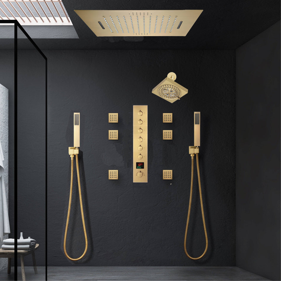 Brushed Gold Music LED Shower System: Flush-In 23'' x 15'' or 20'' x 20'' Shower Head with 6-Way Digital Display Thermostatic Control, Regular Head & Body Sprayers