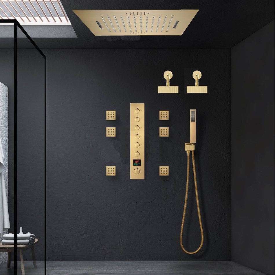 Brushed Gold LED Shower System: 23" x 15" or 20" x 20" Flush Mount with 6-Way Control