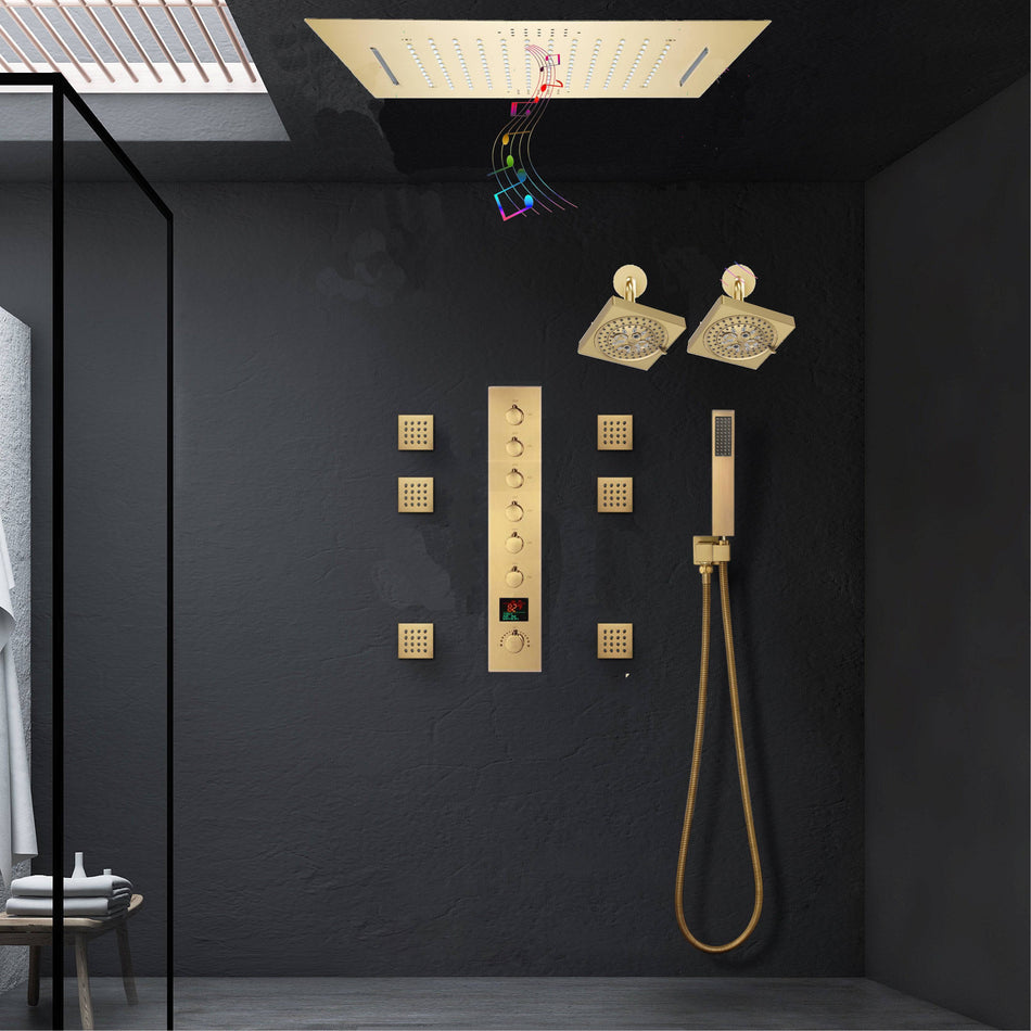 Brushed Gold Ceiling Mount 20'' Or 24'' rainfall waterfall Shower Head with 6-Way Digital Display Thermostatic Control, Dual Regular Heads & Body Sprayers
