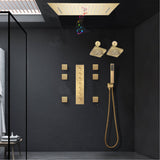 Brushed Gold Ceiling Mount 20'' Or 24'' rainfall waterfall Shower Head with 6-Way Digital Display Thermostatic Control, Dual Regular Heads & Body Sprayers
