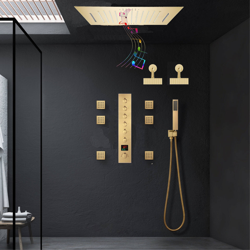 Brushed Gold Ceiling Mount 20'' Or 24'' rainfall waterfall Shower Head with 6-Way Digital Display Thermostatic Control, Dual Regular Heads & Body Sprayers