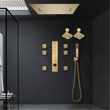 Brushed Gold LED Shower System: 23" x 15" or 20" x 20" Flush Mount with 6-Way Control