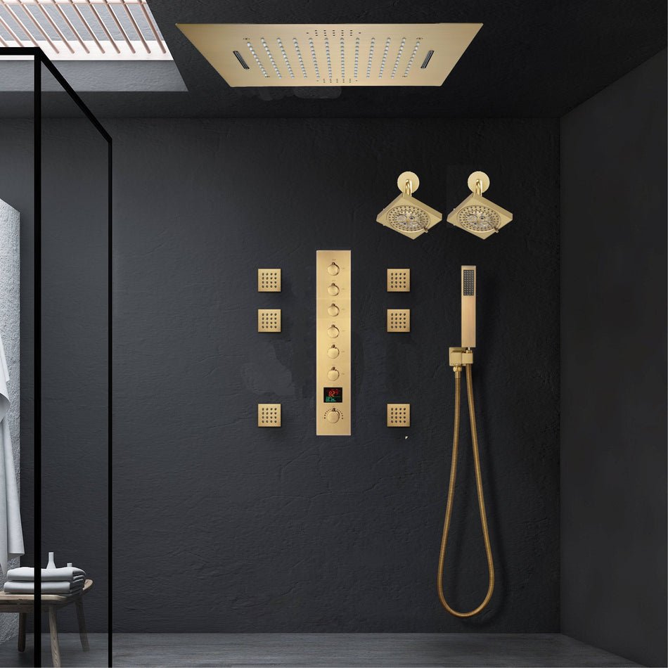 Brushed Gold LED Shower System: 23" x 15" or 20" x 20" Flush Mount with 6-Way Control