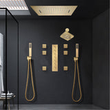 Brushed Gold Music LED Shower System: Flush-In 23'' x 15'' or 20'' x 20'' Shower Head with 6-Way Digital Display Thermostatic Control, Regular Head & Body Sprayers