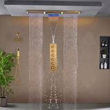 Flush Mount 48 x 8 inch Rainfall Waterfall 64 LED Light Shower Head with 5-Way Thermostatic Faucet and High-Pressure Wall Mount Regular Shower Head