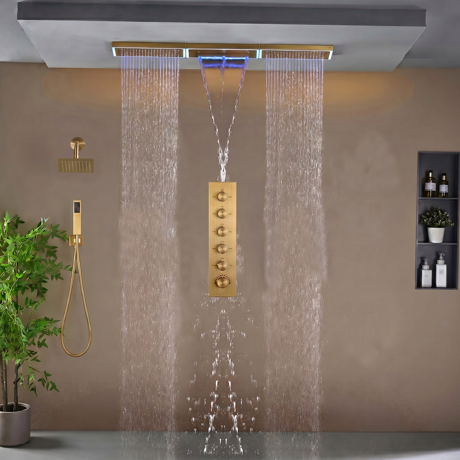 Flush Mount 48 x 8 inch Rainfall Waterfall 64 LED Light Shower Head with 5-Way Thermostatic Faucet and High-Pressure Wall Mount Regular Shower Head