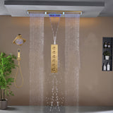 Flush Mount 48 x 8 inch Rainfall Waterfall 64 LED Light Shower Head with 5-Way Thermostatic Faucet and High-Pressure Wall Mount Regular Shower Head