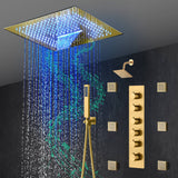 16-Inch Brushed Gold or brushed nickel or matte black Flush Mount rainfall waterfall Shower Faucet Set: 5-Way Thermostatic Control, 64-Color LED Lights, Bluetooth Music, and Regular Head, 6 Body jets