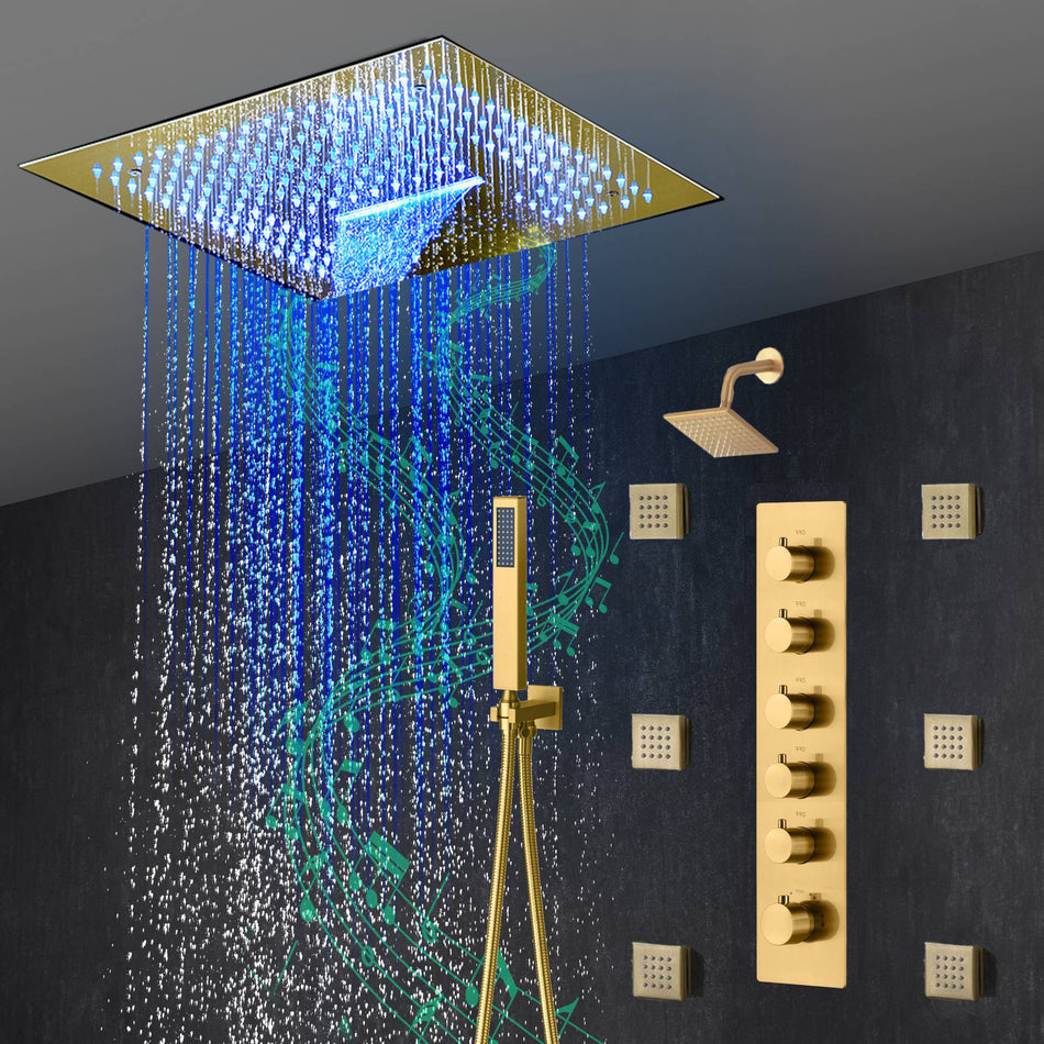 16-Inch Brushed Gold or brushed nickel or matte black Flush Mount rainfall waterfall Shower Faucet Set: 5-Way Thermostatic Control, 64-Color LED Lights, Bluetooth Music, and Regular Head, 6 Body jets
