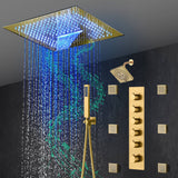 16-Inch Brushed Gold or brushed nickel or matte black Flush Mount rainfall waterfall Shower Faucet Set: 5-Way Thermostatic Control, 64-Color LED Lights, Bluetooth Music, and Regular Head, 6 Body jets