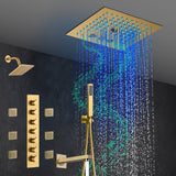Brushed Gold 6-Way Thermostatic Shower Faucet: Flush Mount 12-Inch LED Light Shower Head with 64 Colors and Bluetooth Music,Tub Spout, 6 Jets