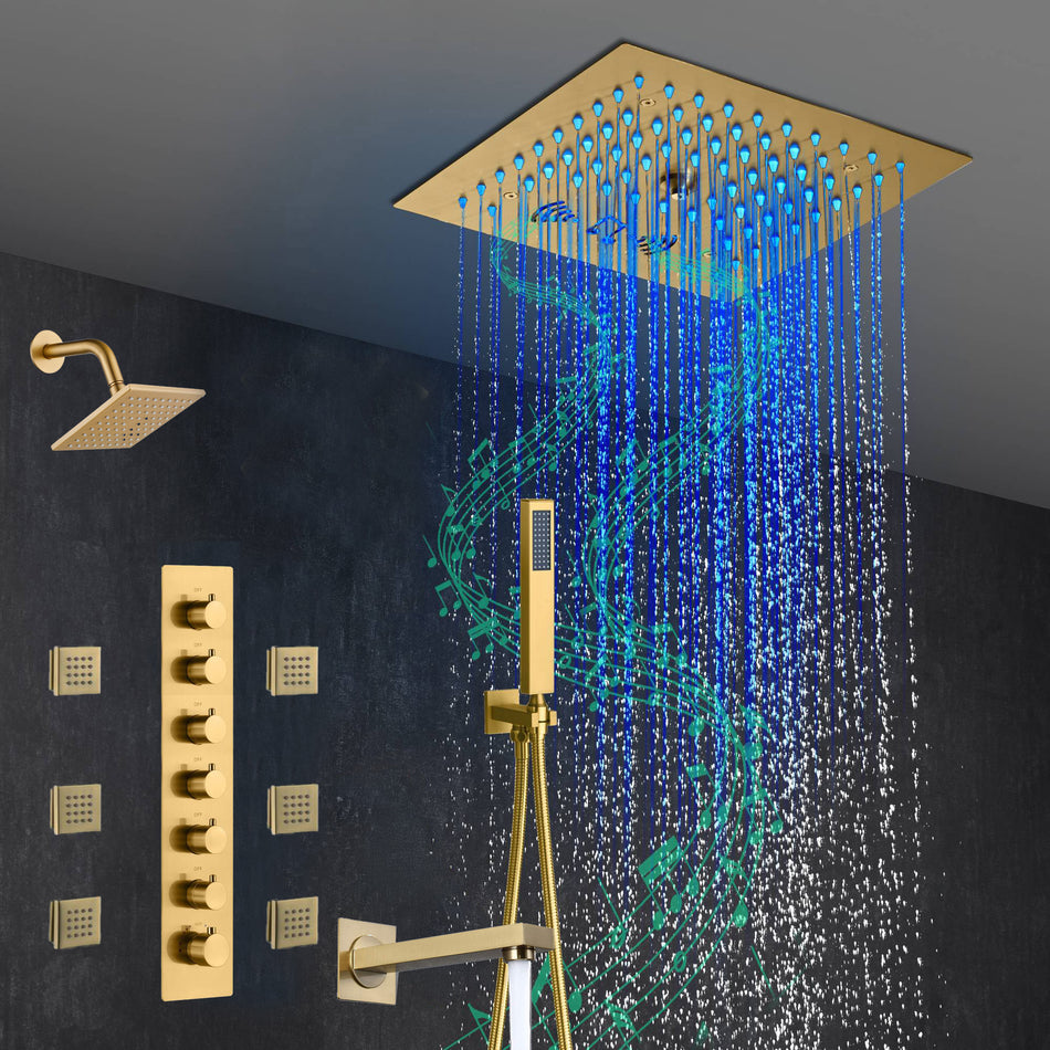 Brushed Gold 6-Way Thermostatic Shower Faucet: Flush Mount 12-Inch LED Light Shower Head with 64 Colors and Bluetooth Music,Tub Spout, 6 Jets