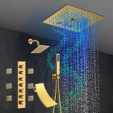 Brushed Gold 6-Way Thermostatic Shower Faucet: Flush Mount 12-Inch LED Light Shower Head with 64 Colors and Bluetooth Music,Tub Spout, 6 Jets