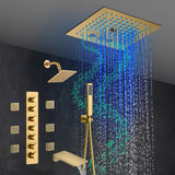 Brushed Gold 6-Way Thermostatic Shower Faucet: Flush Mount 12-Inch LED Light Shower Head with 64 Colors and Bluetooth Music,Tub Spout, 6 Jets