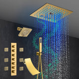 Brushed Gold 6-Way Thermostatic Shower Faucet: Flush Mount 12-Inch LED Light Shower Head with 64 Colors and Bluetooth Music,Tub Spout, 6 Jets