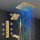 Brushed Gold 6-Way Thermostatic Shower Faucet: Flush Mount 12-Inch LED Light Shower Head with 64 Colors and Bluetooth Music,Tub Spout, 6 Jets
