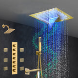Brushed Gold 6-Way Thermostatic Shower Faucet: Flush Mount 16-Inch LED Light Shower Head with 64 Colors and Bluetooth Music,Tub Spout, 6 Jets