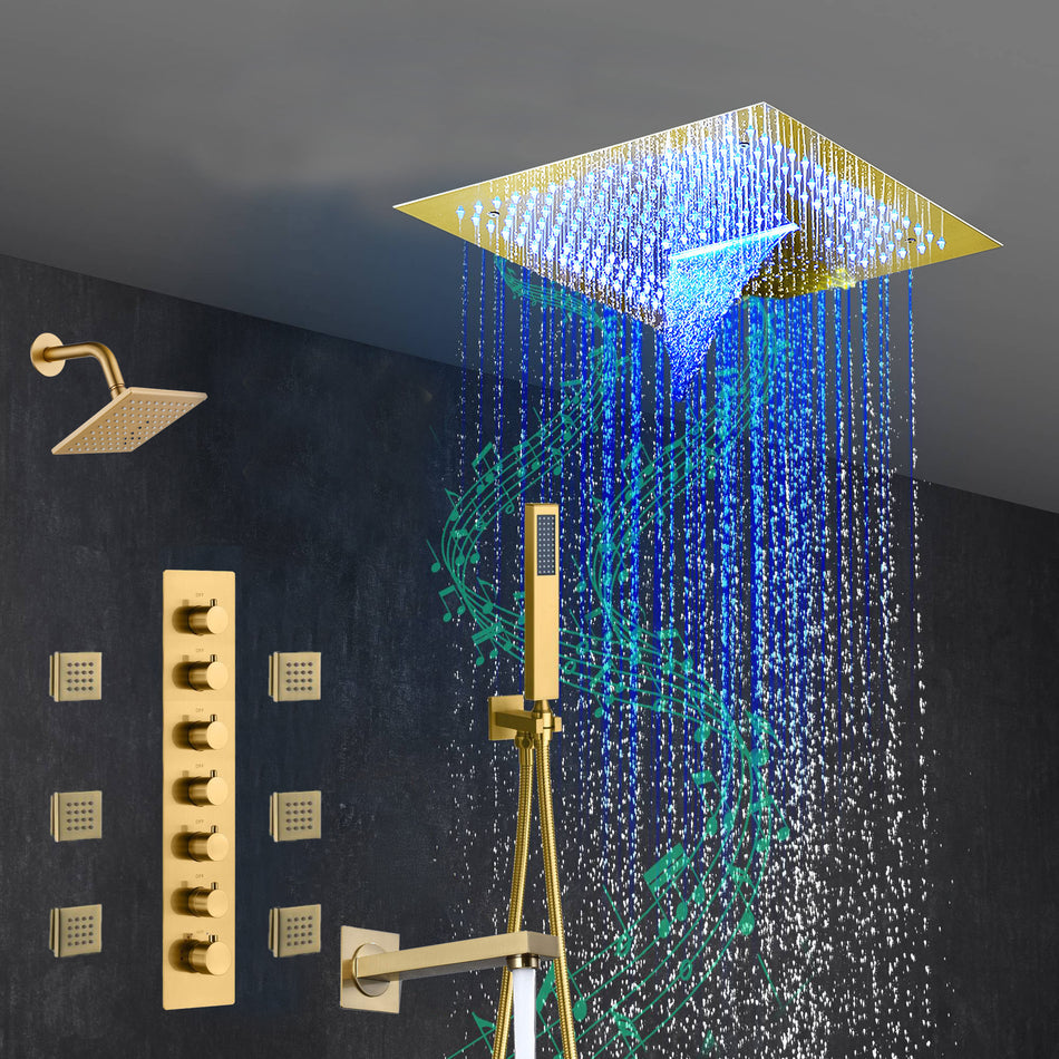 Brushed Gold 6-Way Thermostatic Shower Faucet: Flush Mount 16-Inch LED Light Shower Head with 64 Colors and Bluetooth Music,Tub Spout, 6 Jets