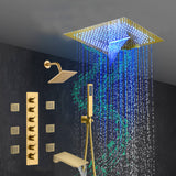 Brushed Gold 6-Way Thermostatic Shower Faucet: Flush Mount 16-Inch LED Light Shower Head with 64 Colors and Bluetooth Music,Tub Spout, 6 Jets