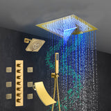 Brushed Gold 6-Way Thermostatic Shower Faucet: Flush Mount 16-Inch LED Light Shower Head with 64 Colors and Bluetooth Music,Tub Spout, 6 Jets