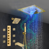 Brushed Gold 6-Way Thermostatic Shower Faucet: Flush Mount 16-Inch LED Light Shower Head with 64 Colors and Bluetooth Music,Tub Spout, 6 Jets