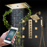 64 LED colors music led flushed in 24x12 inch 3 functions shower head 6 way thermostatic shower faucet with 6'' regular head and 6 body jets