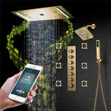 64 LED colors music led flushed in 24x12 inch 3 functions shower head 6 way thermostatic shower faucet with rotate-water massage body jets,4 finish colors options