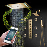 64 LED colors music led flushed in 24x12 inch 3 functions shower head 6 way thermostatic shower faucet with rotate-water massage body jets,4 finish colors options
