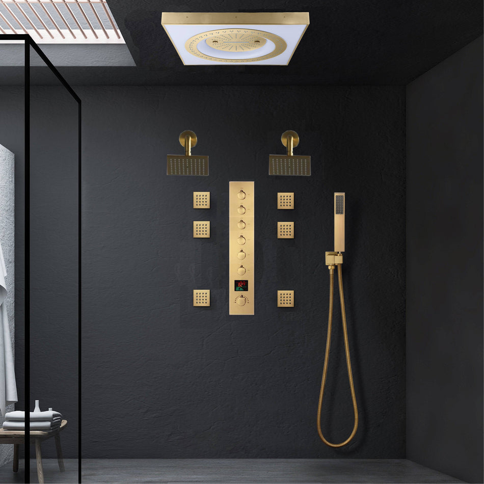 24" Flush LED Mount Rainfall Waterfall 6-Way Digital Shower System With Dual Regular Head and 6 Body Jets