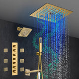 Brushed Gold 6-Way Thermostatic Shower Faucet: Flush Mount 12-Inch LED Light Shower Head with 64 Colors and Bluetooth Music,Tub Spout, 6 Jets