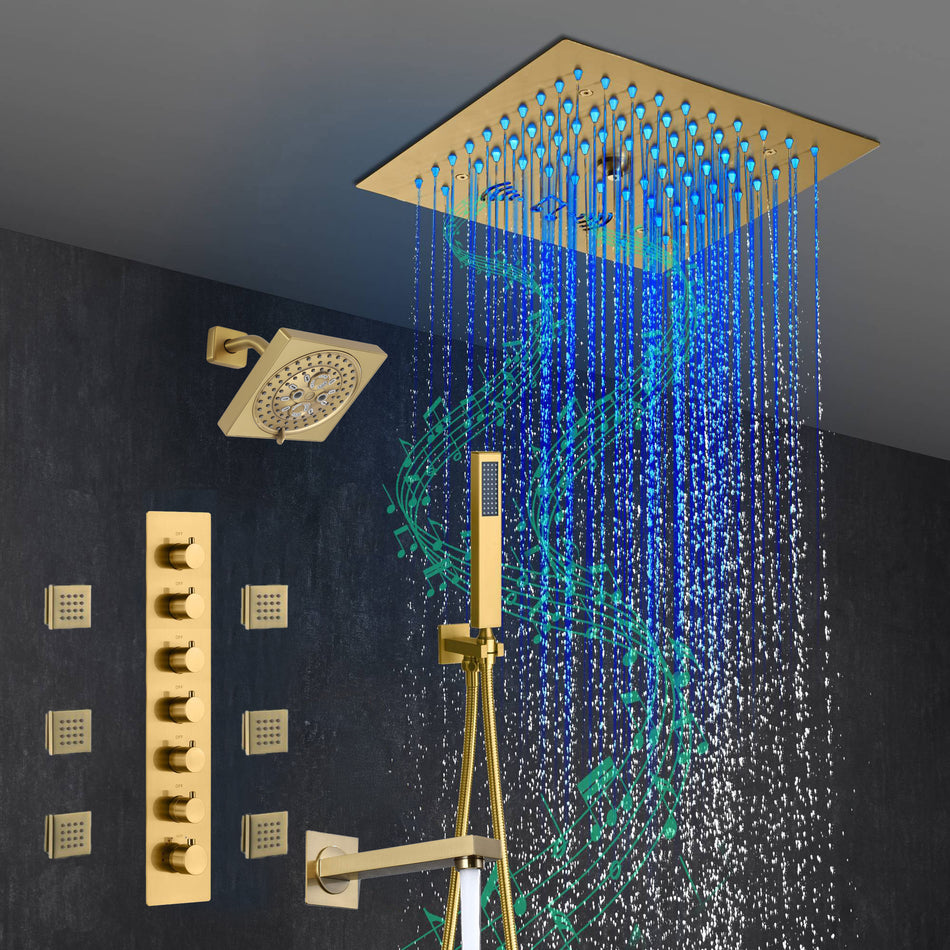 Brushed Gold 6-Way Thermostatic Shower Faucet: Flush Mount 12-Inch LED Light Shower Head with 64 Colors and Bluetooth Music,Tub Spout, 6 Jets