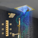 Brushed Gold 6-Way Thermostatic Shower Faucet: Flush Mount 16-Inch LED Light Shower Head with 64 Colors and Bluetooth Music,Tub Spout, 6 Jets