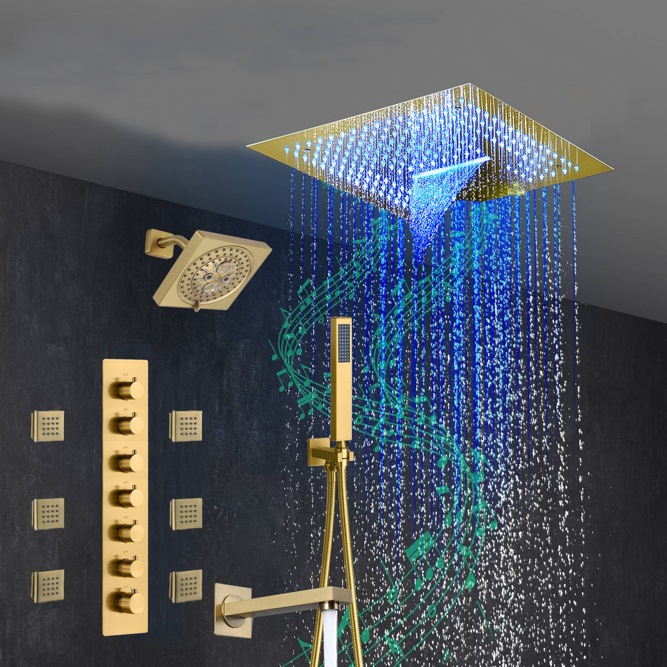 Brushed Gold 6-Way Thermostatic Shower Faucet: Flush Mount 16-Inch LED Light Shower Head with 64 Colors and Bluetooth Music,Tub Spout, 6 Jets